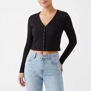 HM Black Ribbed Knit Cropped Cardigan V-Neck Long Sleeve Button Front Size L